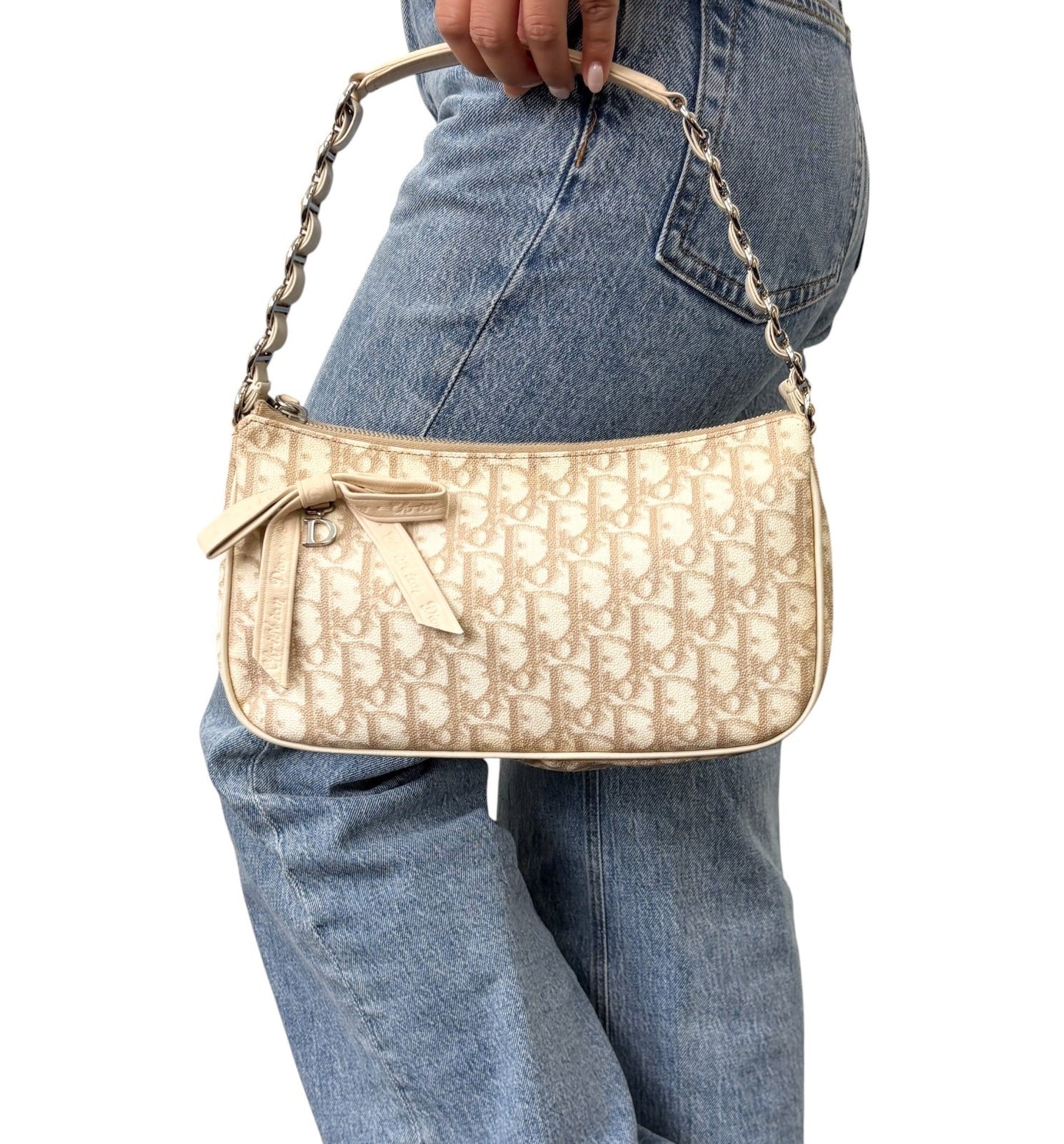 Christian Dior Vintage 2007 Romantique Trotter Monogram Bag Ribbon Beige 901856