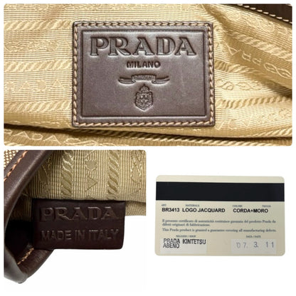 PRADA Vintage Jacquard Logo Tote Bag Brown Silver Canvas Leather 902047