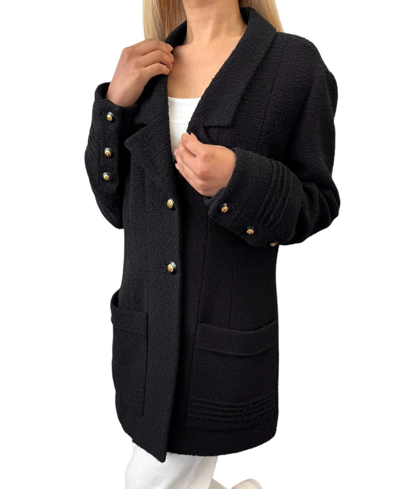 CHANEL Vintage CC Mark Logo Gold Button Jacket Black Wool Silk Pockets