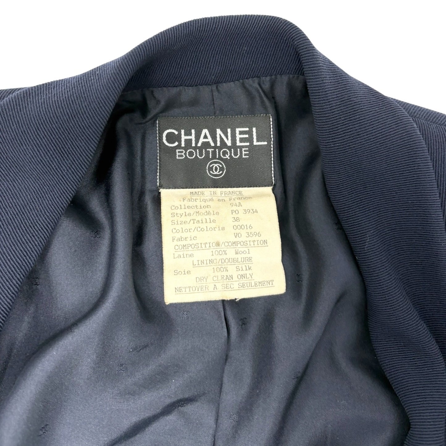 CHANEL Vintage 94A CC Logo Button Jacket #38 Blue Gold Wool Pockets 901975
