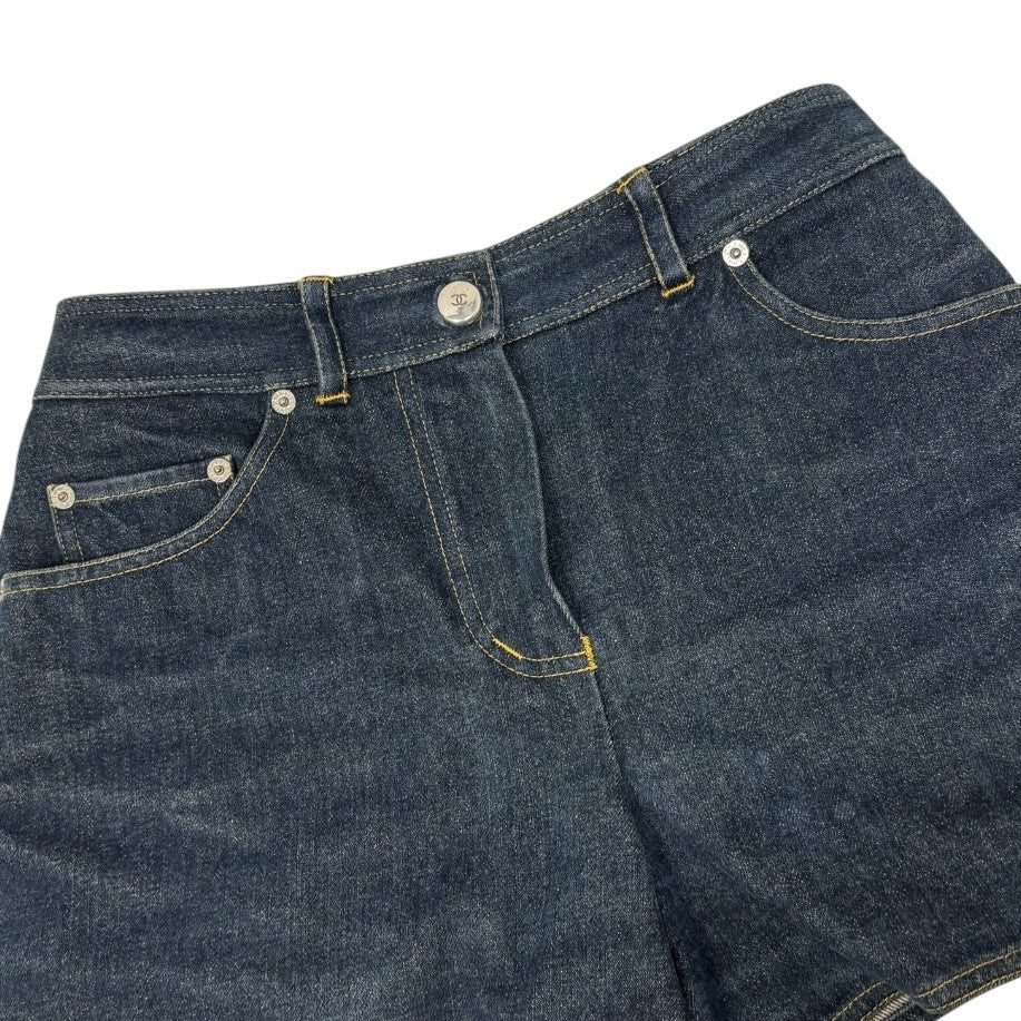 CHANEL Vintage CC Logo Denim Short Pants #36 Dark Blue Silver Cotton 902896
