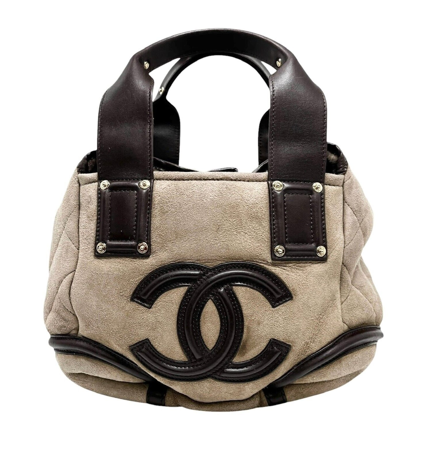 CHANEL Vintage CC Logo Tote Bag Matelasse Snap Button Brown Gold Suede Leather