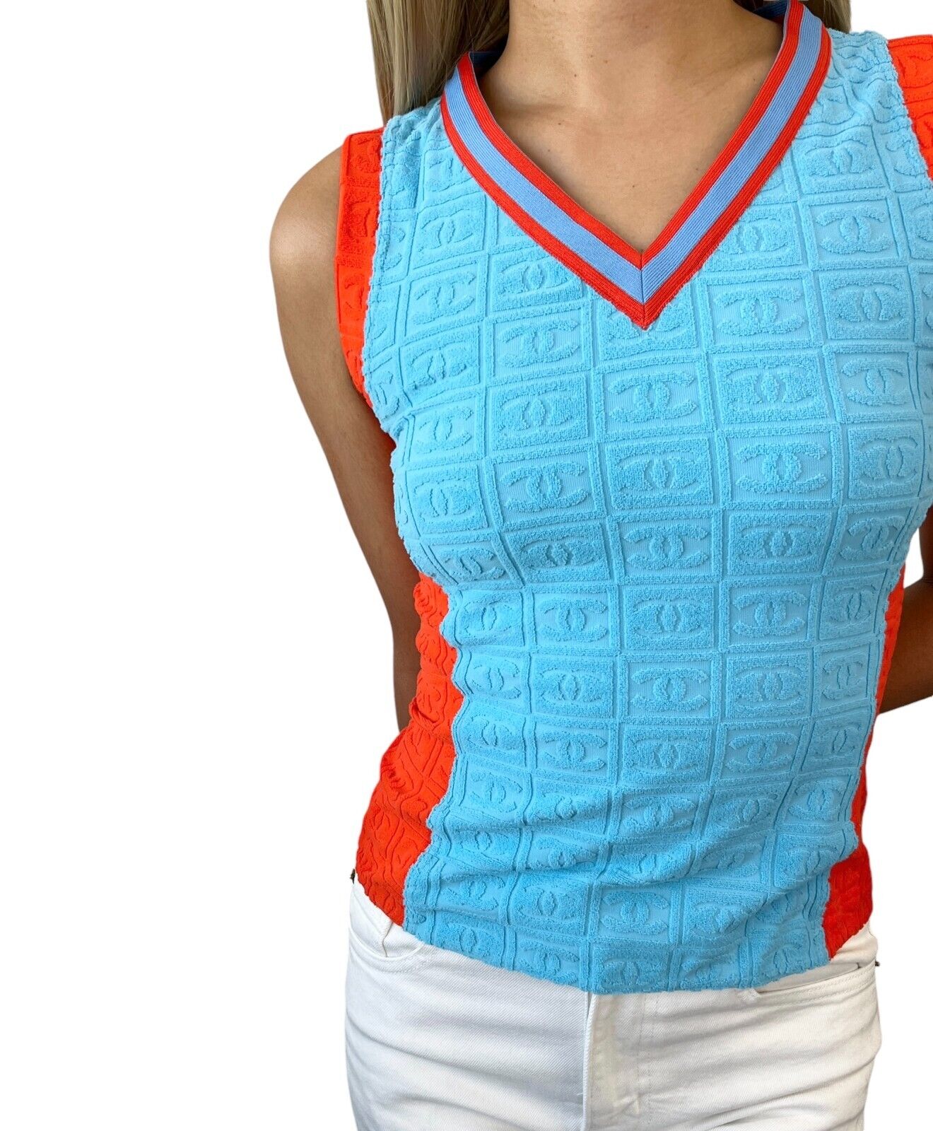 CHANEL Vintage 02S CC Mark Logo Tank Top #38 Terry Orange Blue Nylon Rank AB+