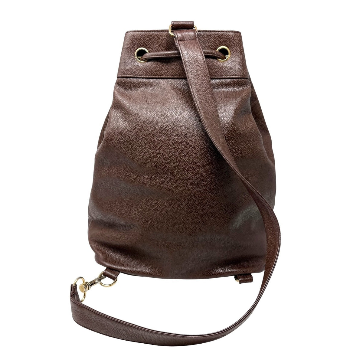 CHANEL Vintage CC Logo Drawstring Backpack Bag Brown Gold Leather 902312
