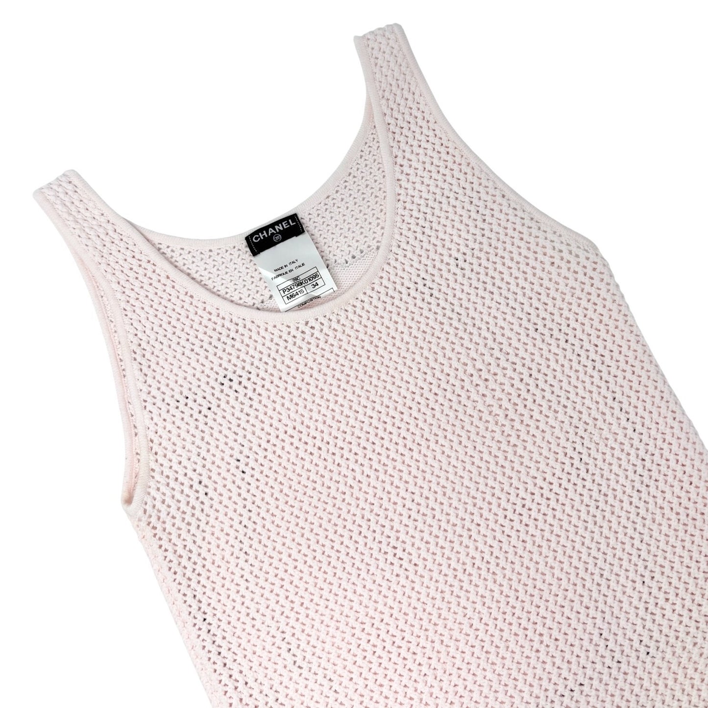 CHANEL Vintage 09C CC Logo Miami Tank Top #34 Knit Pink Black Rayon Crochet