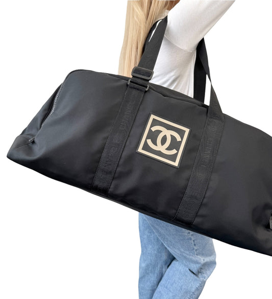 CHANEL Sport Vintage A19977 Nylon Travel Gym Bag L Black CC Logo Bowling