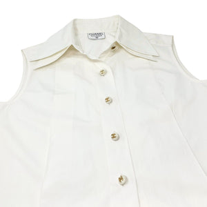 CHANEL Vintage CC Mark Logo Button Up Sleeveless Shirt Top White Gold Cotton