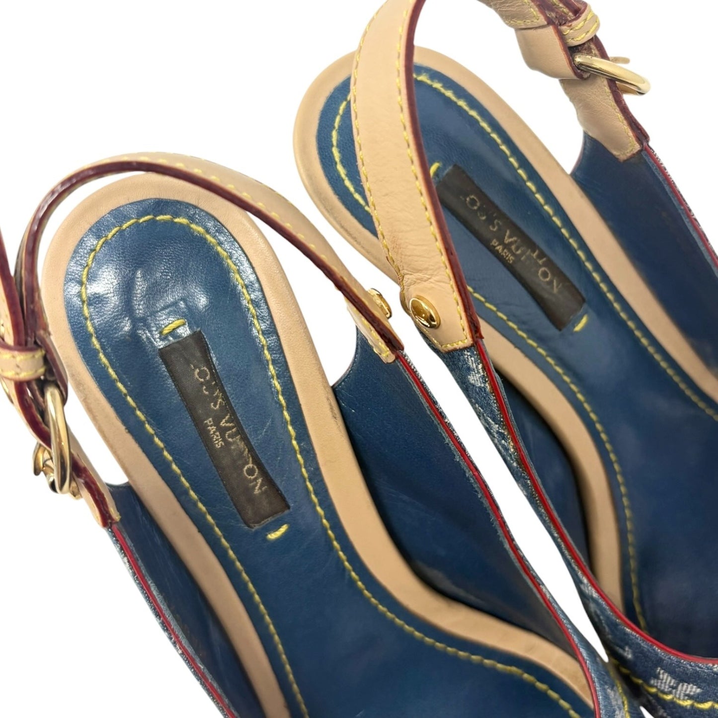 LOUIS VUITTON Vintage Monogram Denim Sandals Heels #36 Blue Beige Leather 901959
