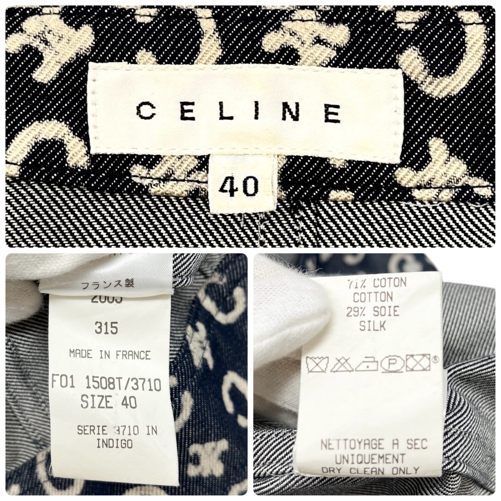 CELINE Vintage 2005 Macadam Monogram Logo Denim Jacket #40 Dark Blue White