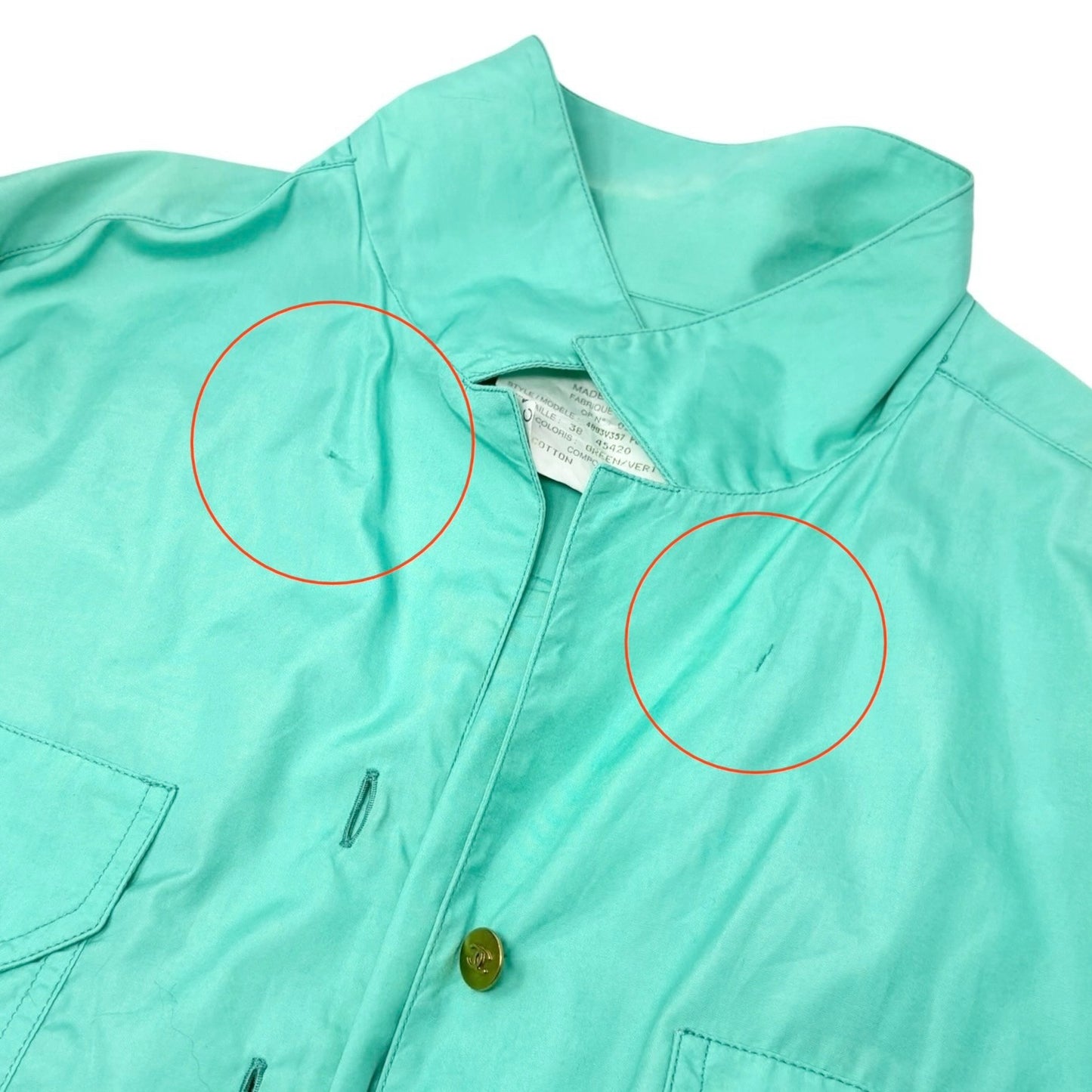 CHANEL Vintage PO4883 CC Logo Shirt Top #38 Button Light Green Gold 902593