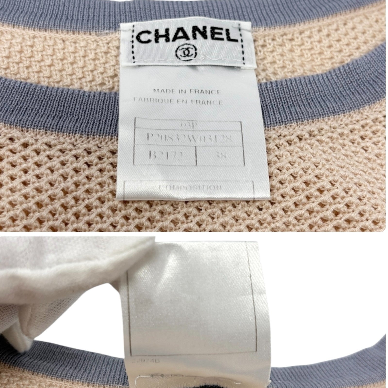 CHANEL Vintage 03P CC Logo See-through Mesh T-shirt #38 Pink Blue Cotton