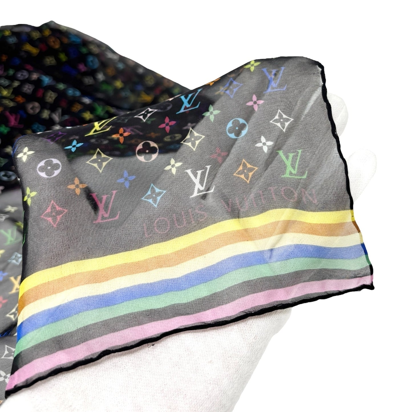 LOUIS VUITTON Vintage LV Multicolor Monogram See-through Scarf Wrap Black Silk