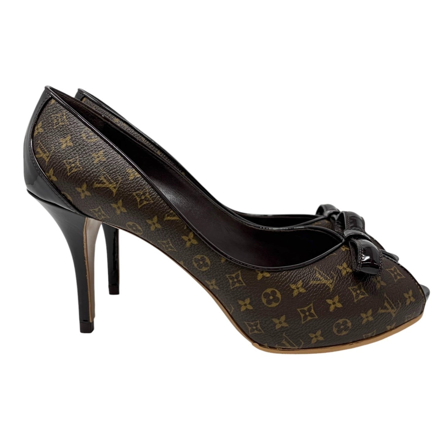 LOUIS VUITTON Vintage Monogram Ribbon Sandals Heels #37.5 Brown Leather 902013