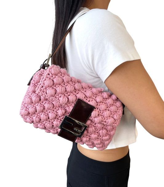FENDI Vintage FF Logo Crochet Mamma Baguette Shoulder Bag Knit Pink Brown Wool
