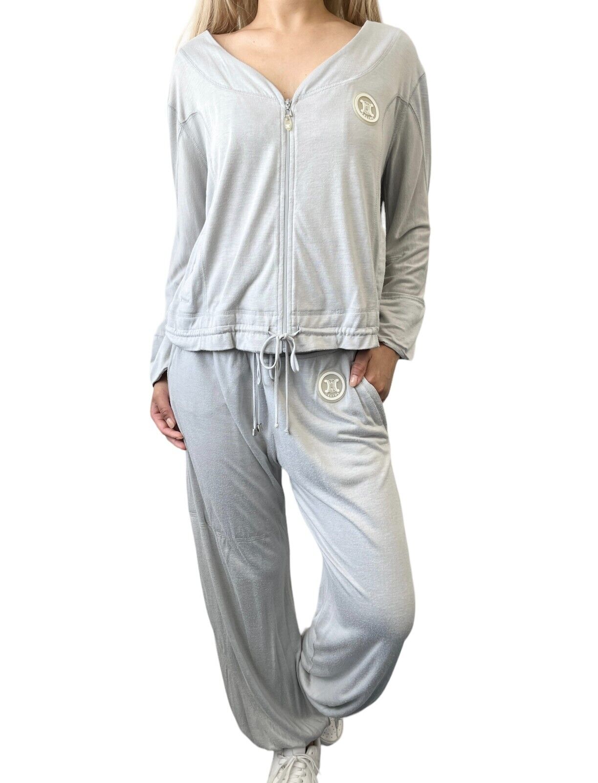 CELINE Vintage Track Suits Set #S #L Jersey Top Pants Logo Rayon Gray Rank AB