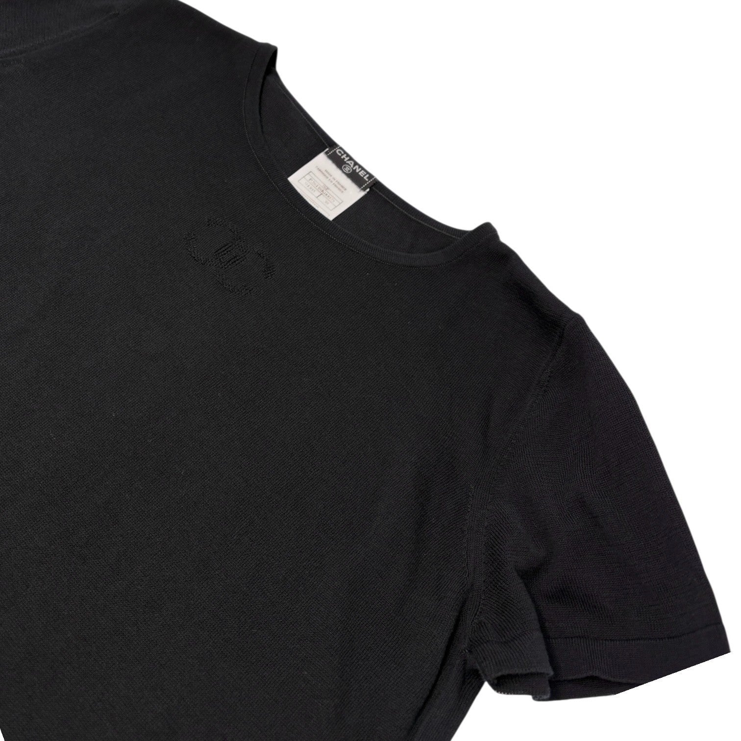 CHANEL Vintage 06P CC Logo Knit T-shirt Top #38 Black Cotton Short Sleeve