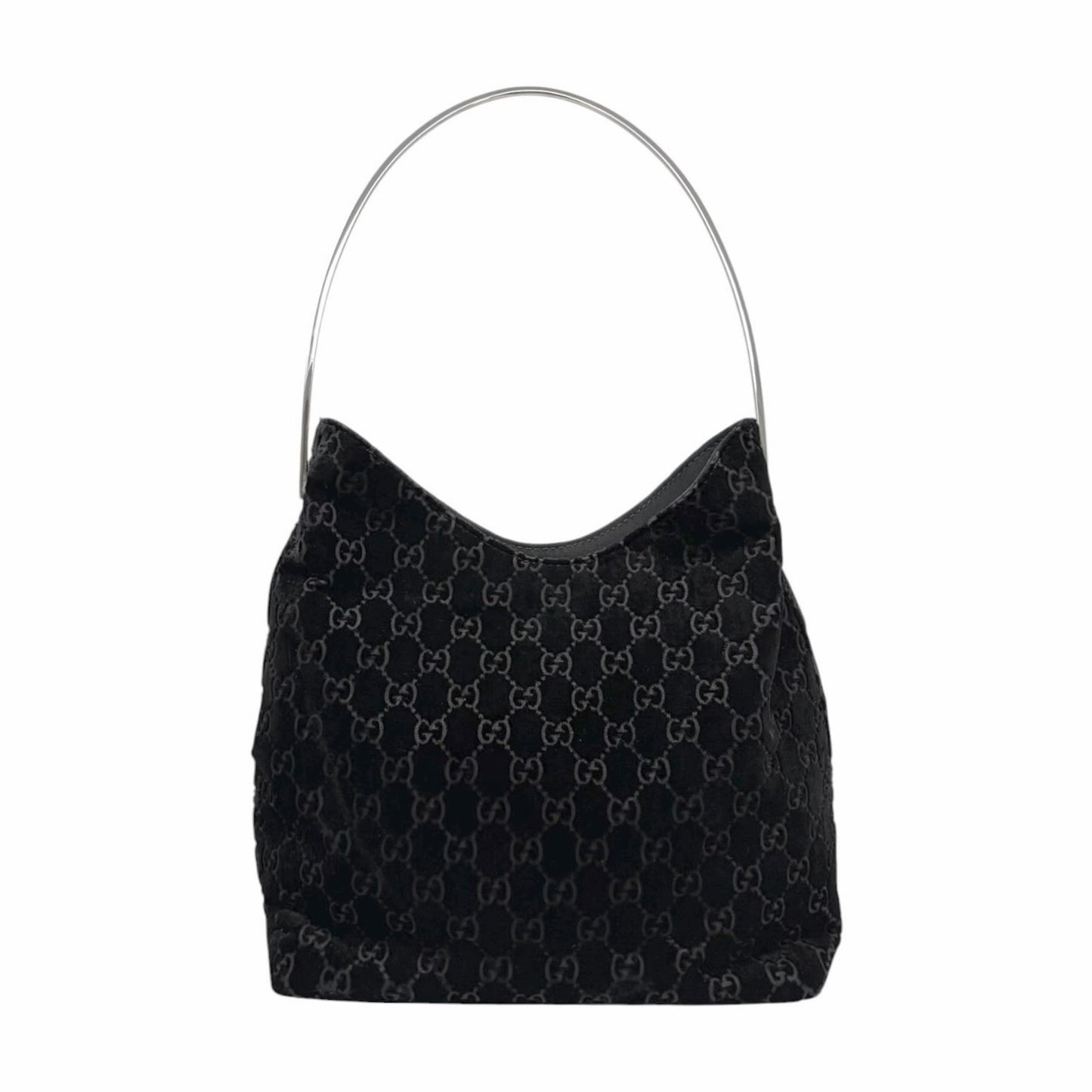 GUCCI Vintage GG Monogram Logo Velour Shoulder Bag Black Silver Handle 902088