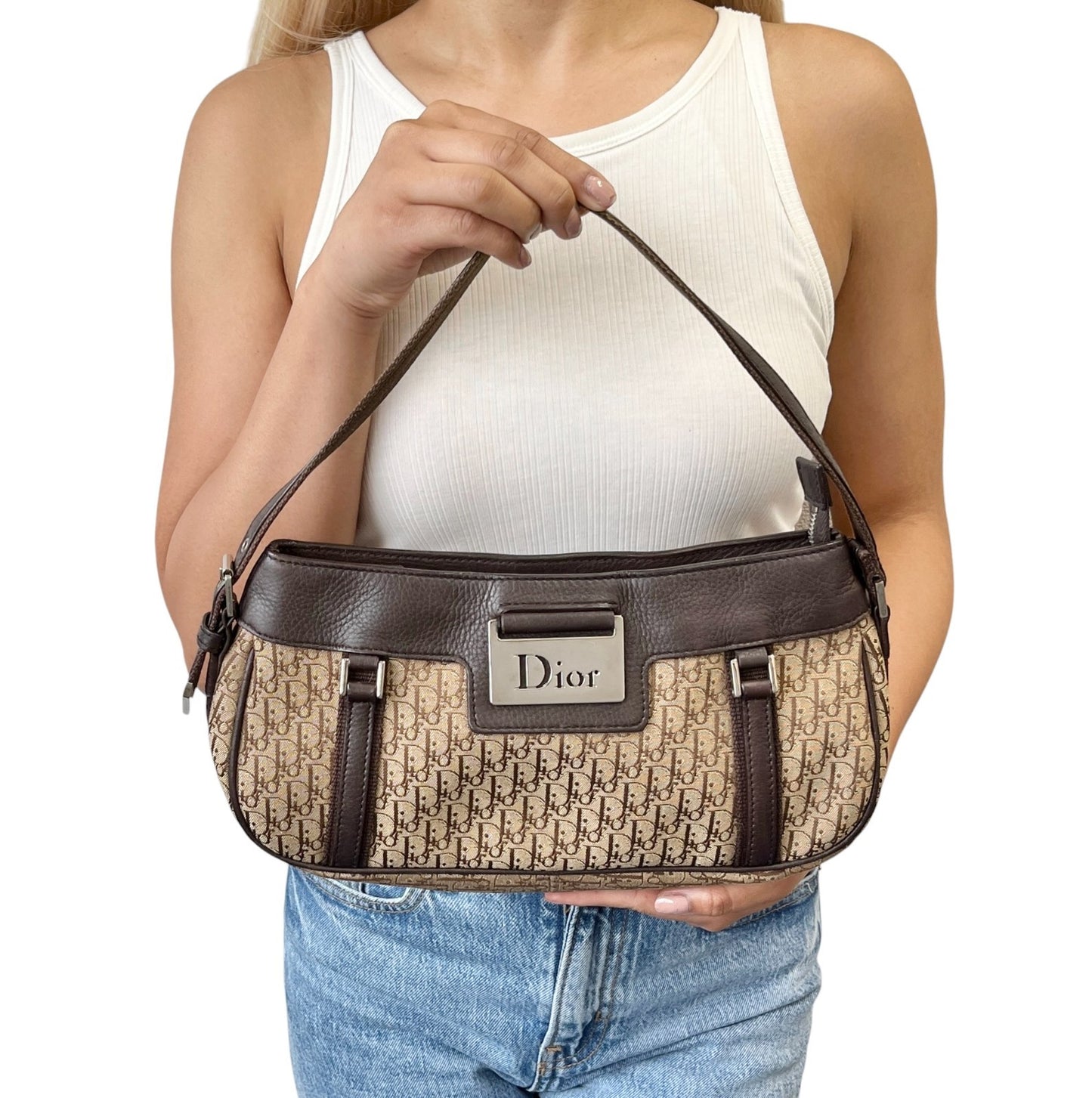 Christian Dior Vintage 2005 Street Chic Monogram Shoulder Bag Beige Brown