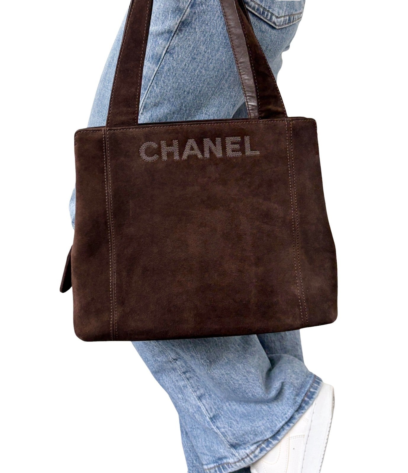 CHANEL Vintage Stitch CC Logo Suede Tote Shoulder Bag Brown Zip 902303