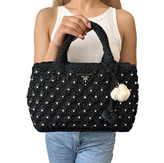 PRADA Vintage Triangle Logo Dot Raffia Canapa Tote Bag Black Crochet 902050