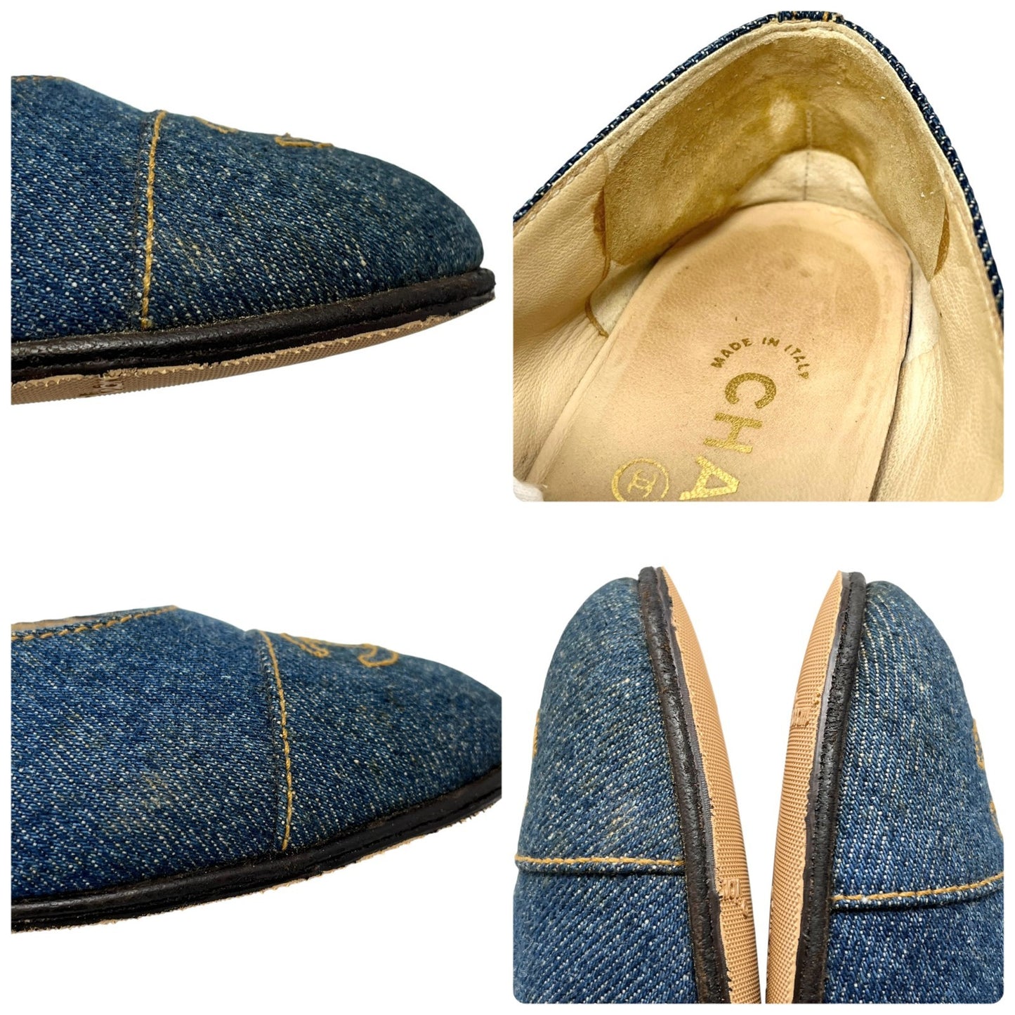 CHANEL Vintage 97P CC Mark Logo Denim Flat Shoes #36 Stitch Blue Beige Cotton