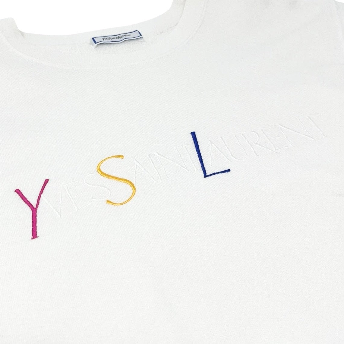 Yves Saint Laurent Vintage YSL Logo Sweatshirt Top #M White Cotton Long Sleeve