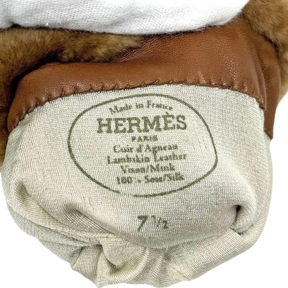 HERMES Vintage Kelly Cadena Fur Trim Lambskin Leather Gloves #7.5 Brown 902357