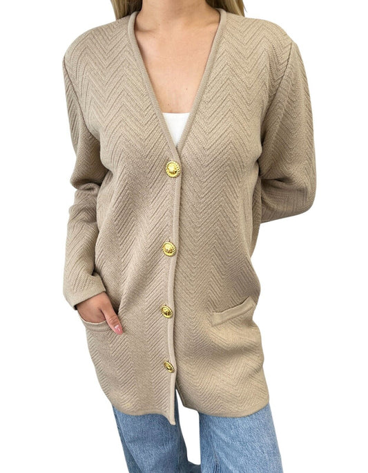 CELINE Vintage Macadam Logo Rib Knit Cardigan #38 Button Light Brown Gold Wool