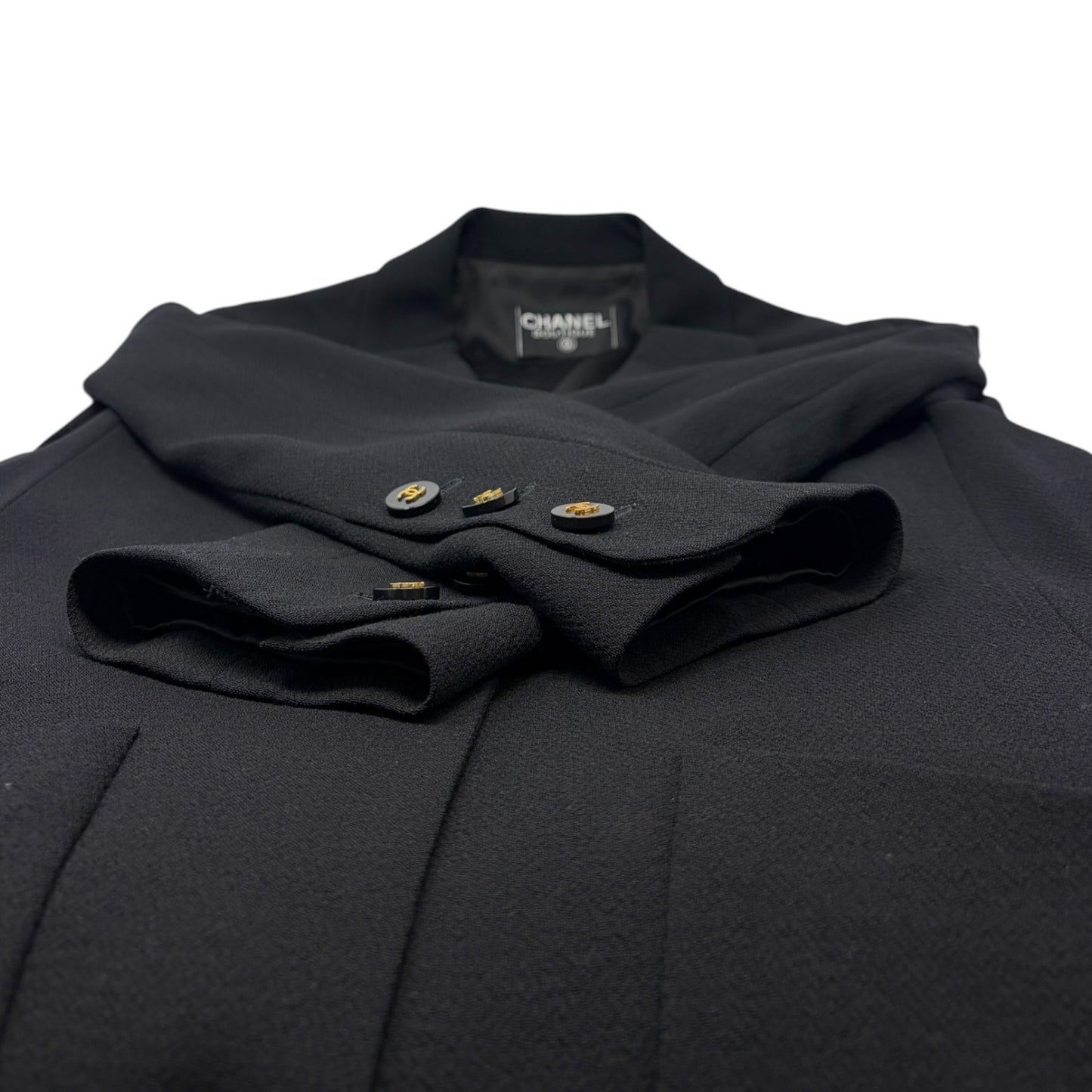 CHANEL Vintage 1994 CC Logo Collared Jacket #L Black Gold Button Wool Pocket