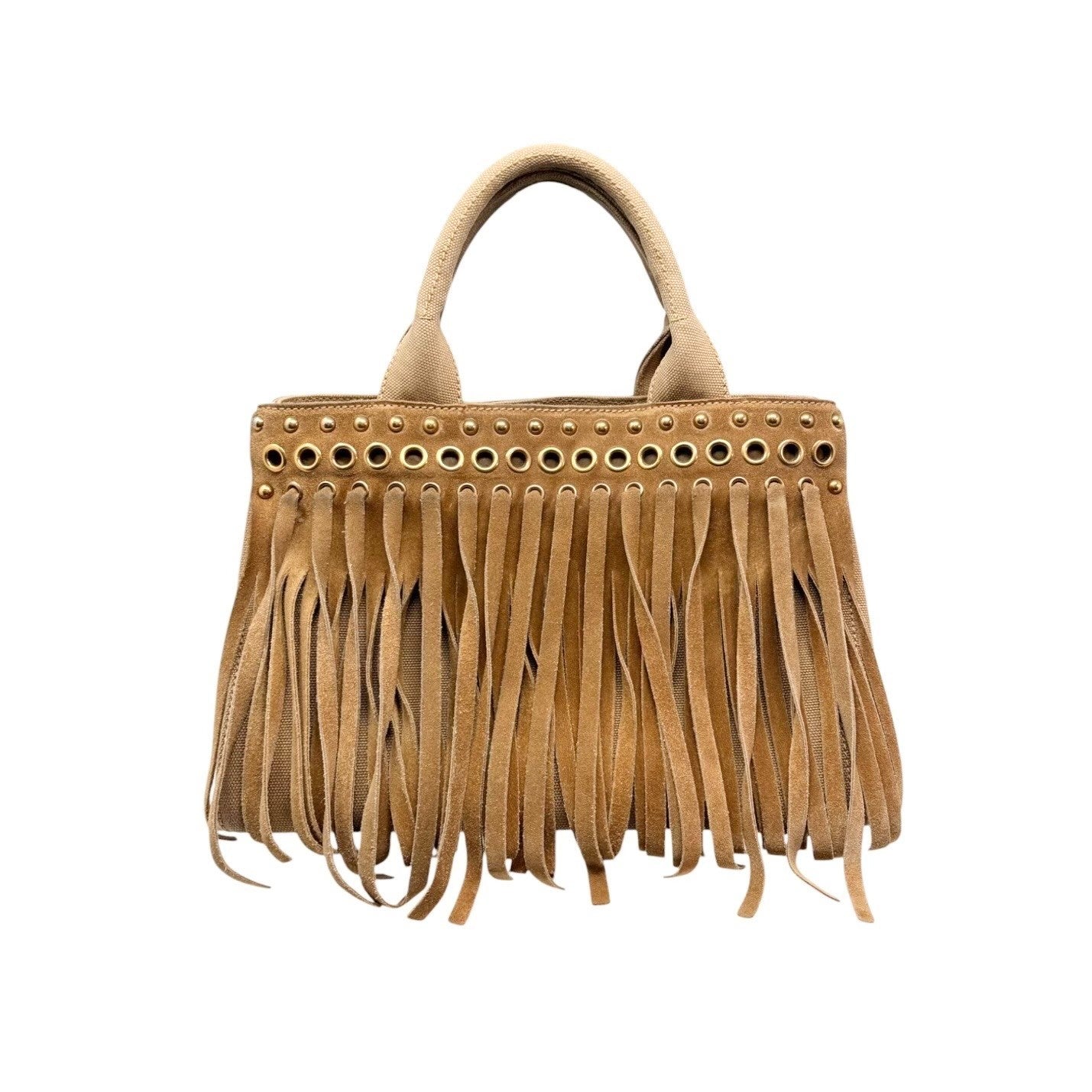 PRADA Vintage Logo Fringe Tote Bag Suede Canvas Brown Camel Gold 901835