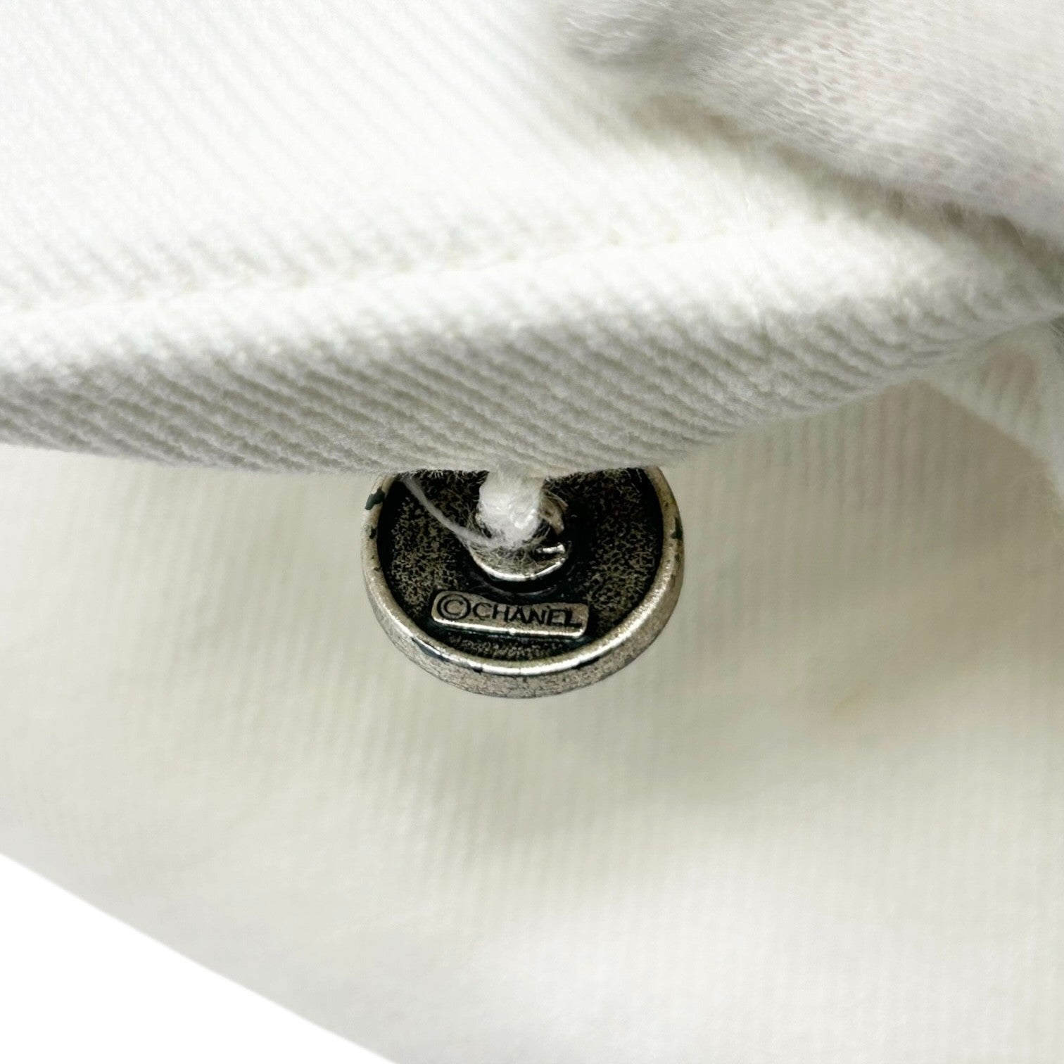 CHANEL Vintage 97C CC Logo Denim Pants #38 White Silver Cotton Stitch Pocket