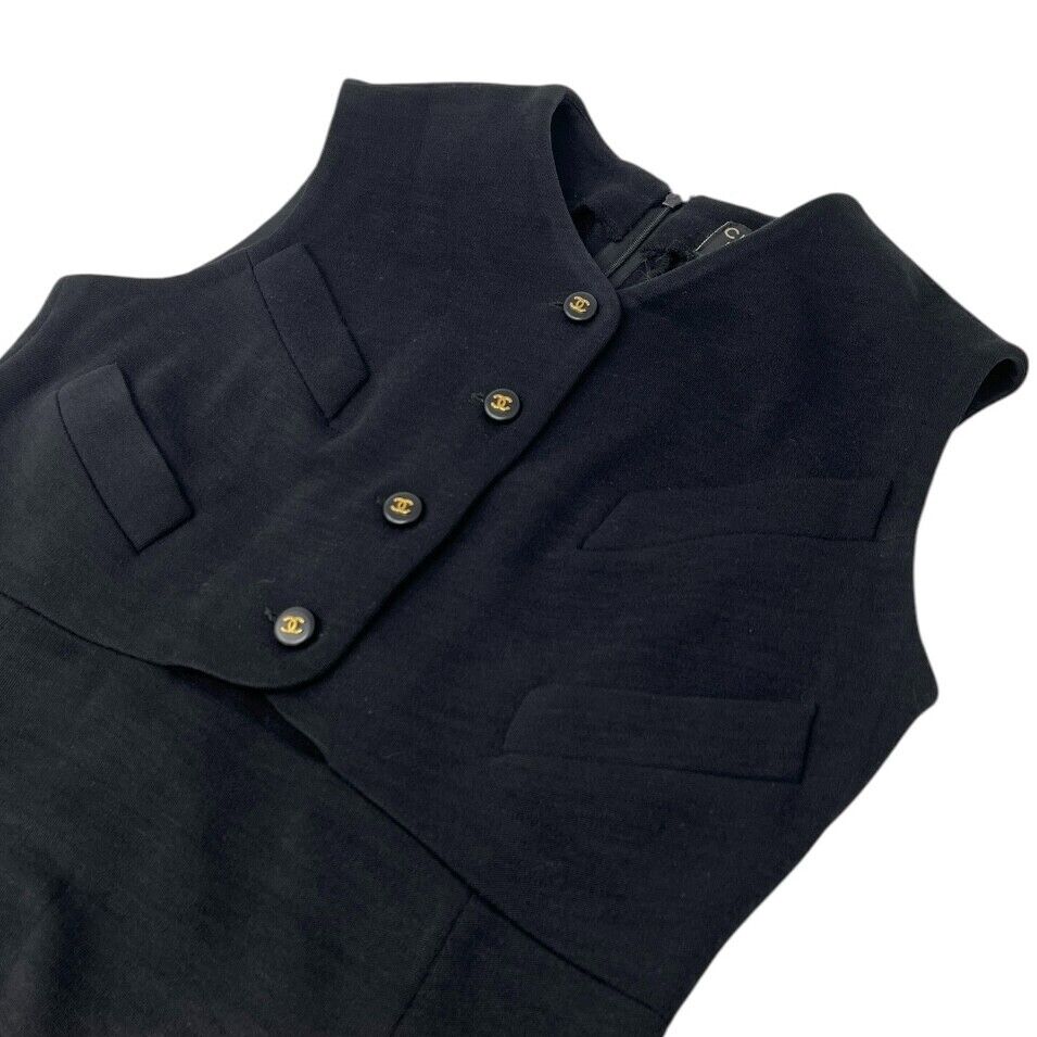 CHANEL Vintage 95A CC Mark Logo Dress One-piece #40 Black Silk Button