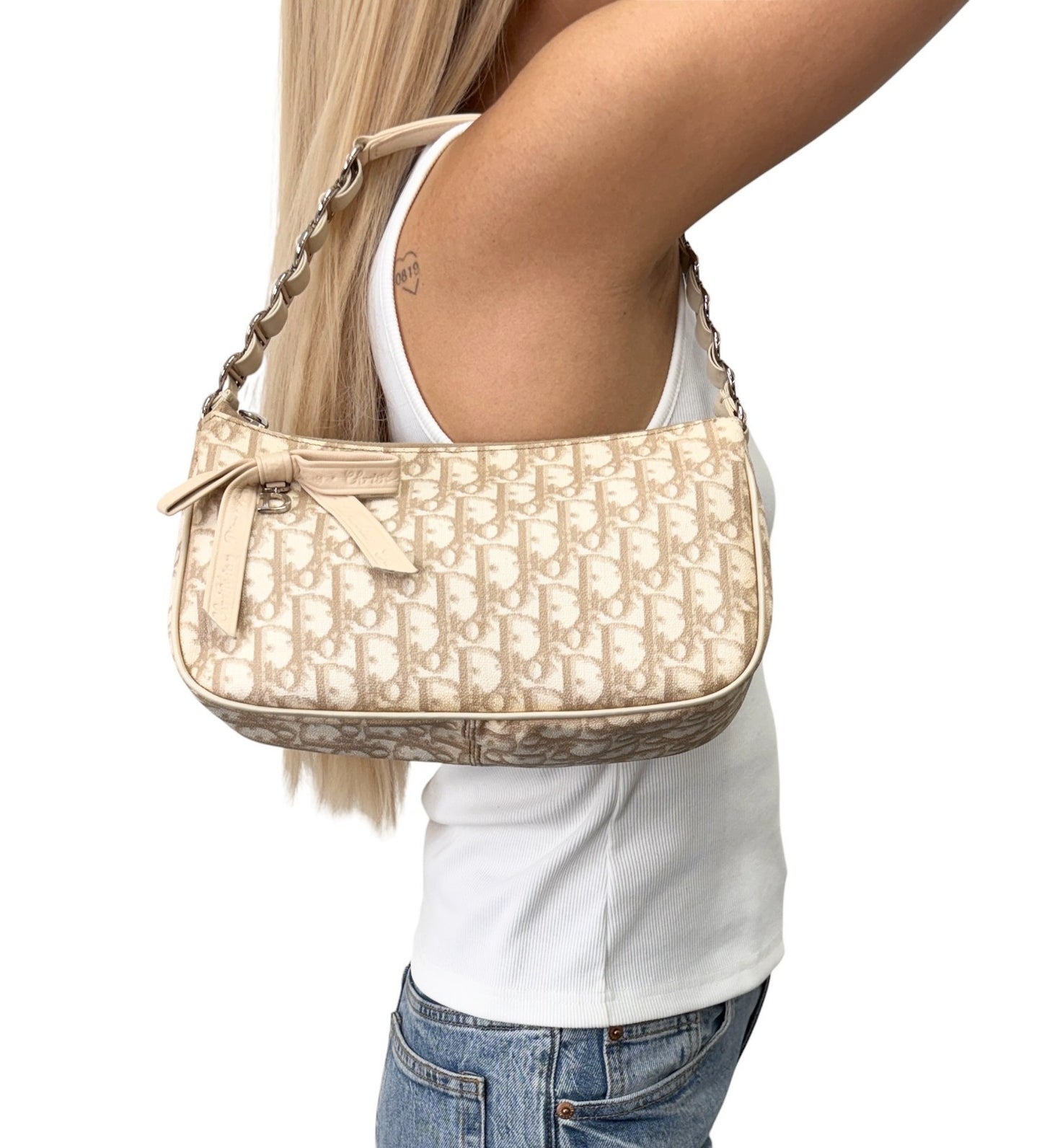 Christian Dior Vintage 2007 Romantique Trotter Monogram Bag Ribbon Beige 901856