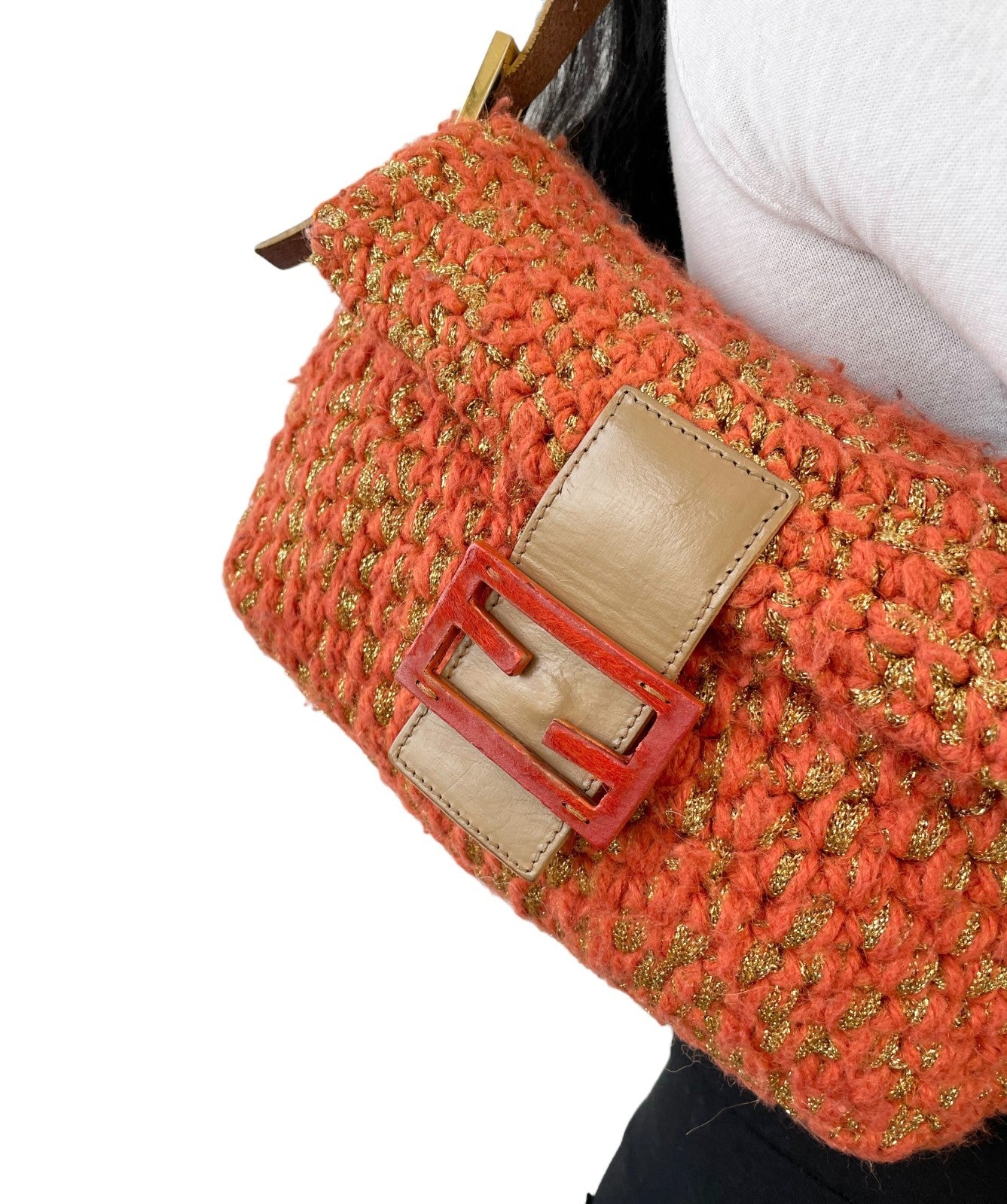 FENDI Vintage FF Mamma Baguette Wool Knit Shoulder Bag Glitter Orange Beige