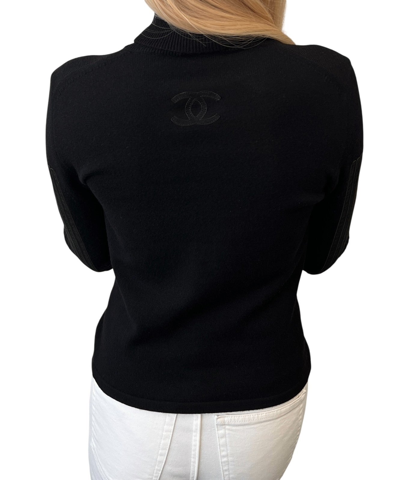 CHANEL Vintage P42169 CC Logo Turtleneck Knit Sweater Top #34 Stripe Black Wool
