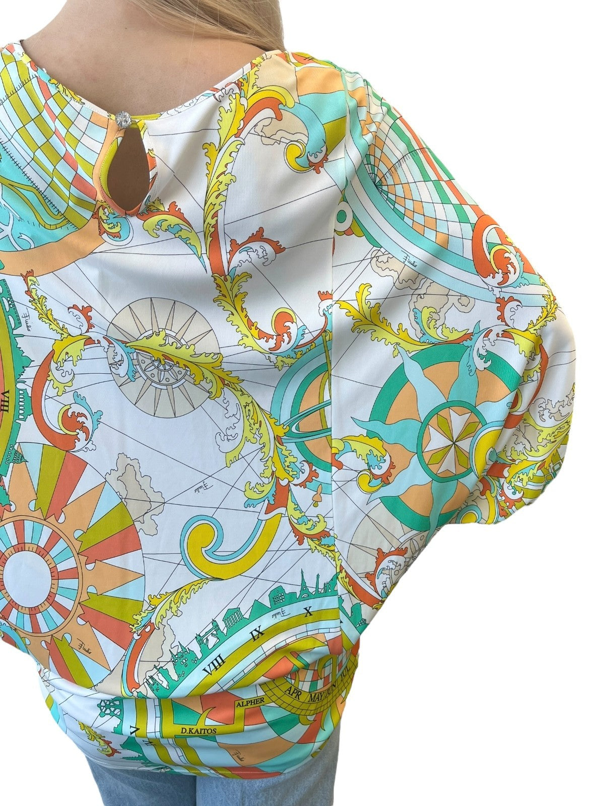 EMILIO PUCCI Logo Poncho Top #38 Button Multicolor Rayon Short Sleeve Pullover