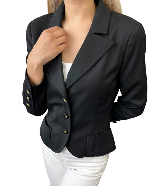 CHANEL Vintage 97P CC Logo Button Cropped Jacket #38 Black Gold Pockets 901921