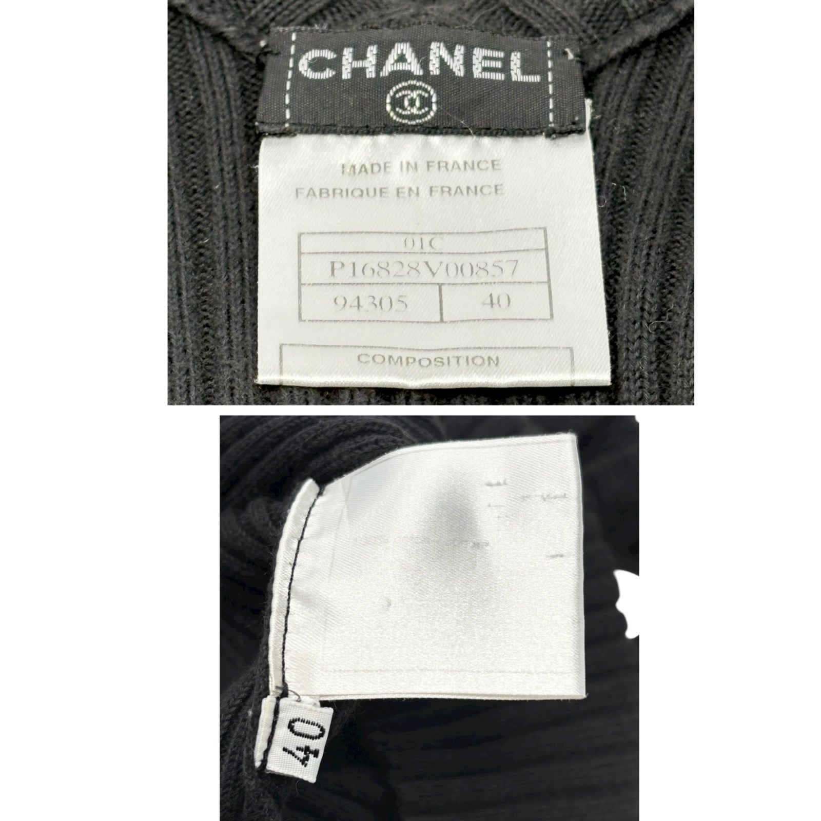 CHANEL Vintage 01C CC Mark Logo V-Neck knit Tank Top #40 Black Gold Cotton
