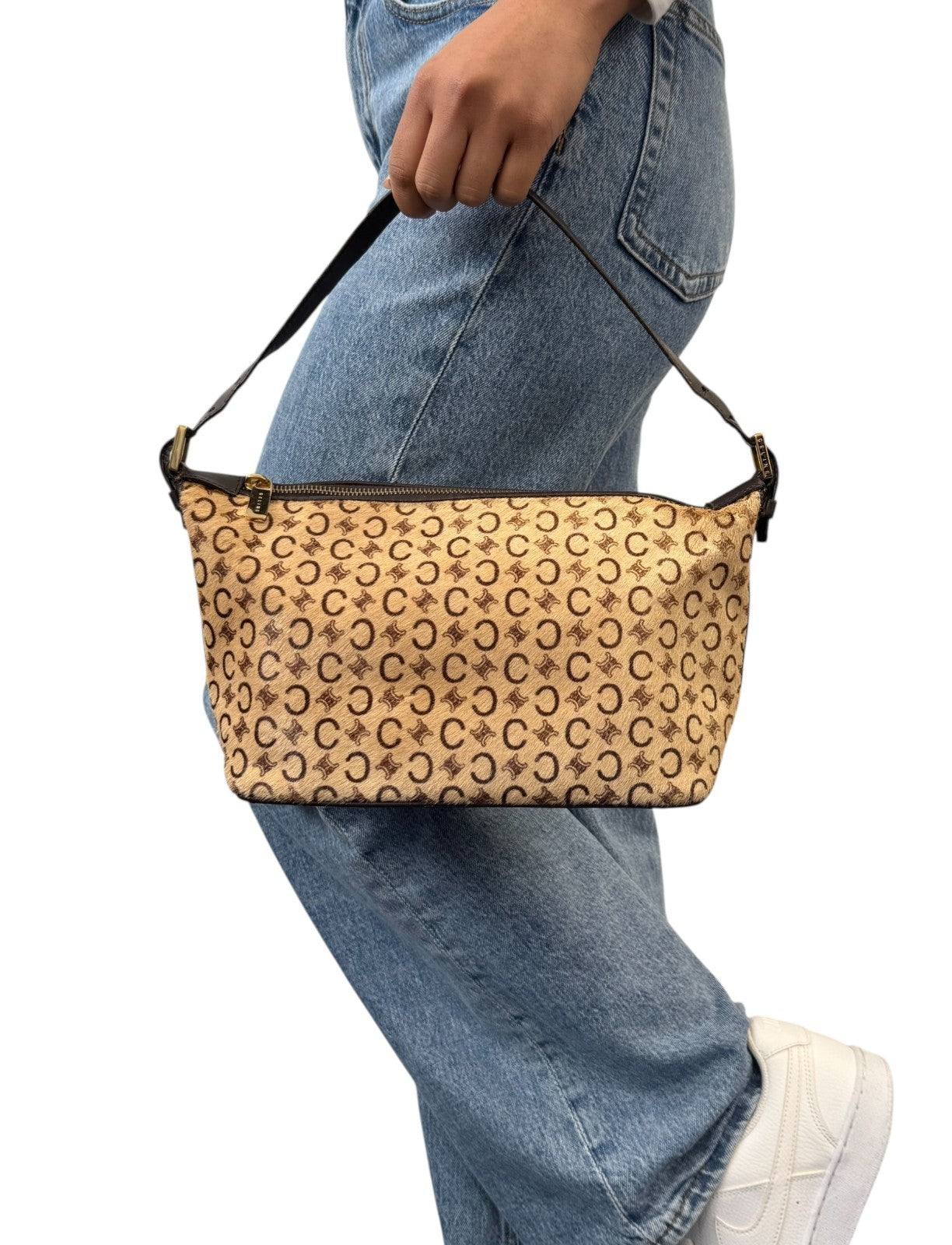 CELINE Vintage Macadam Logo Shoulder Bag Beige Brown Pony Calf Hair Leather