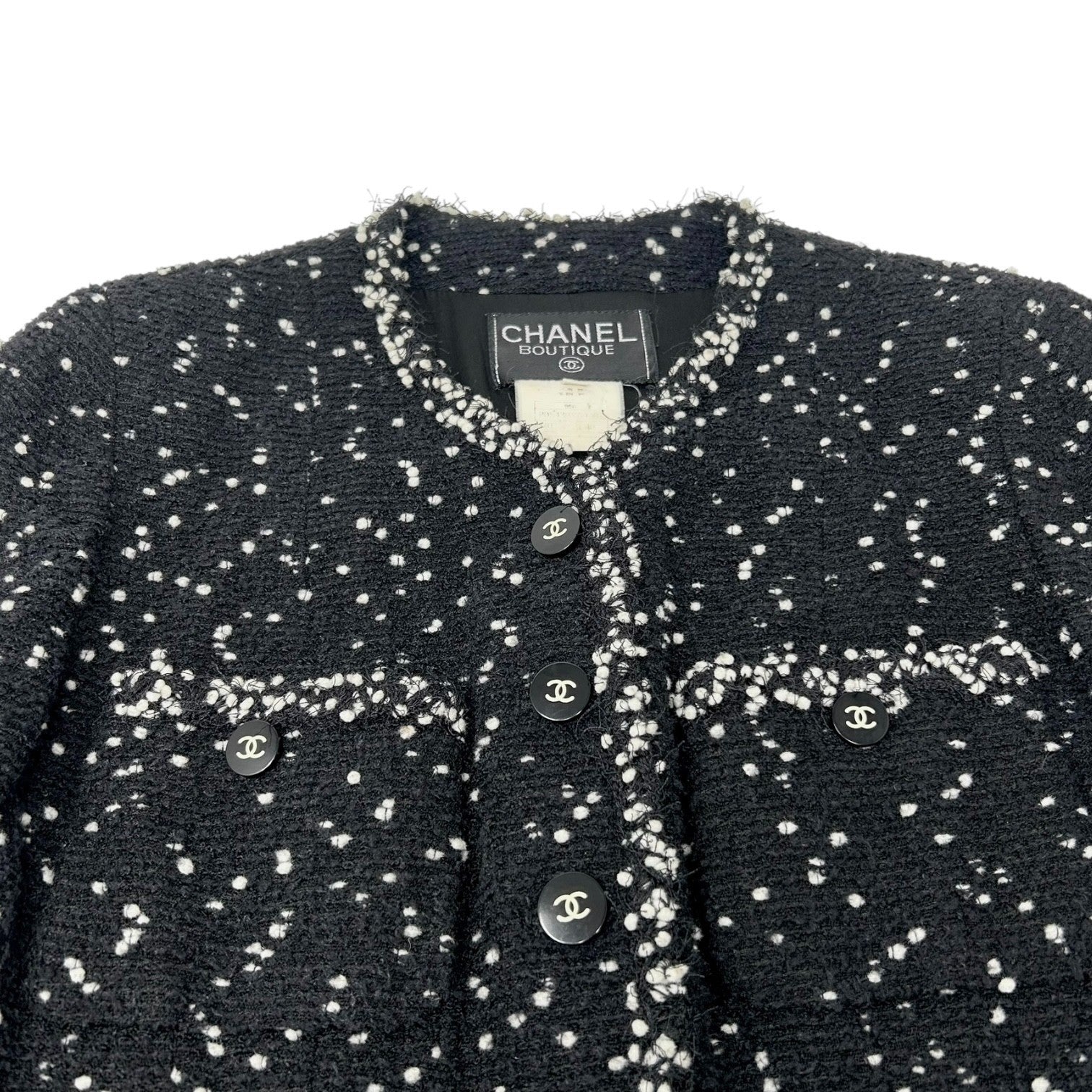 CHANEL Vintage 95A CC Logo Tweed Jacket Blazer #40 Black Wool Long Sleeve