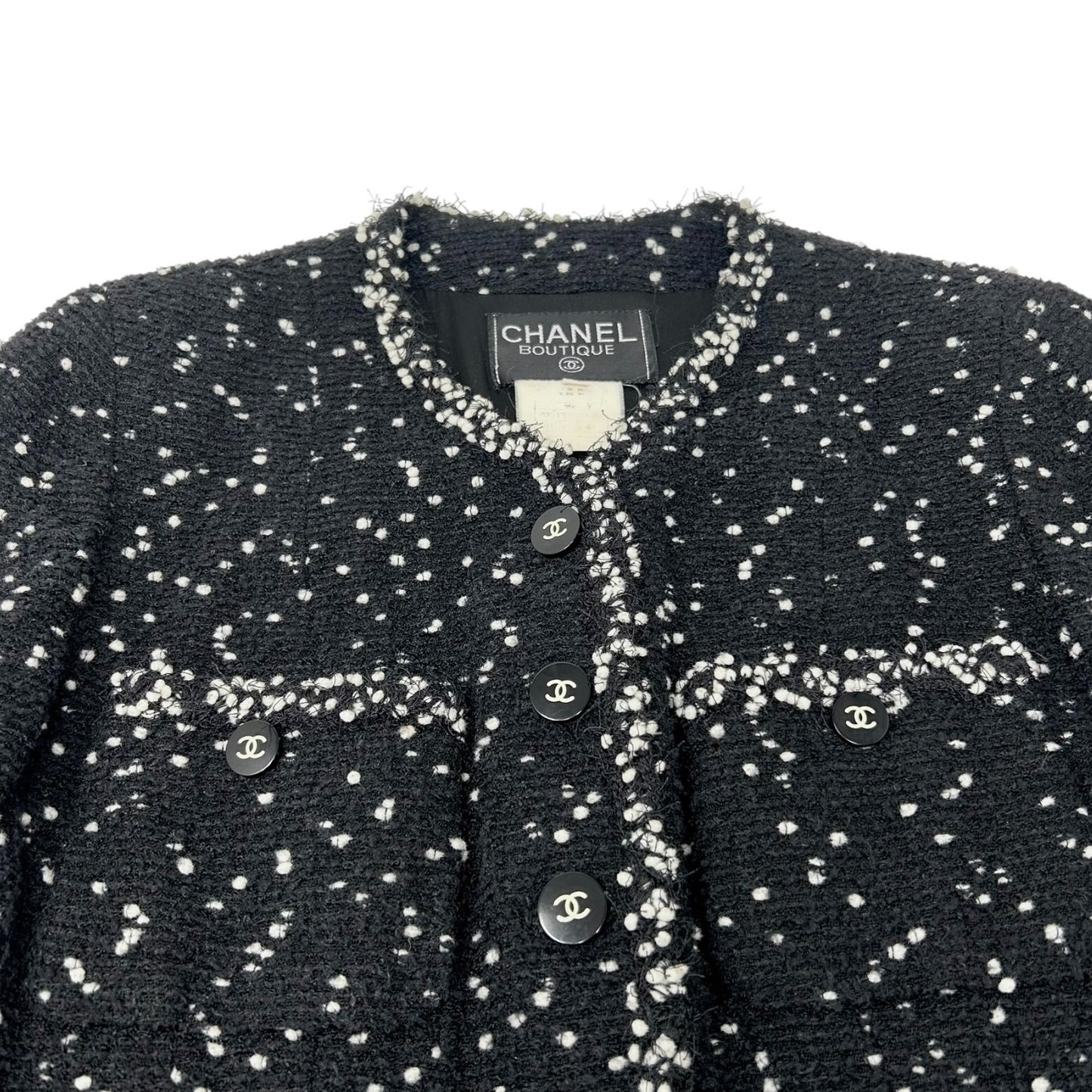 CHANEL Vintage 95A CC Logo Tweed Jacket Blazer #40 Black Wool Long Sleeve