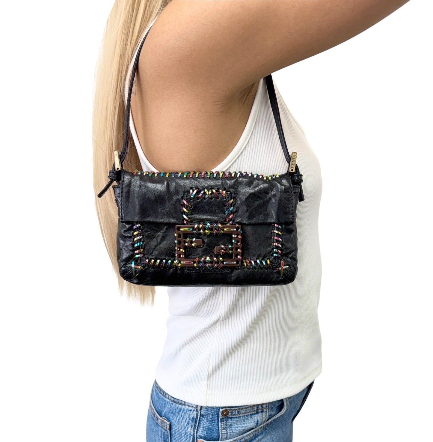 FENDI Vintage Mamma Baguette Multicolor Whipstitch Mini Bag Black 901874