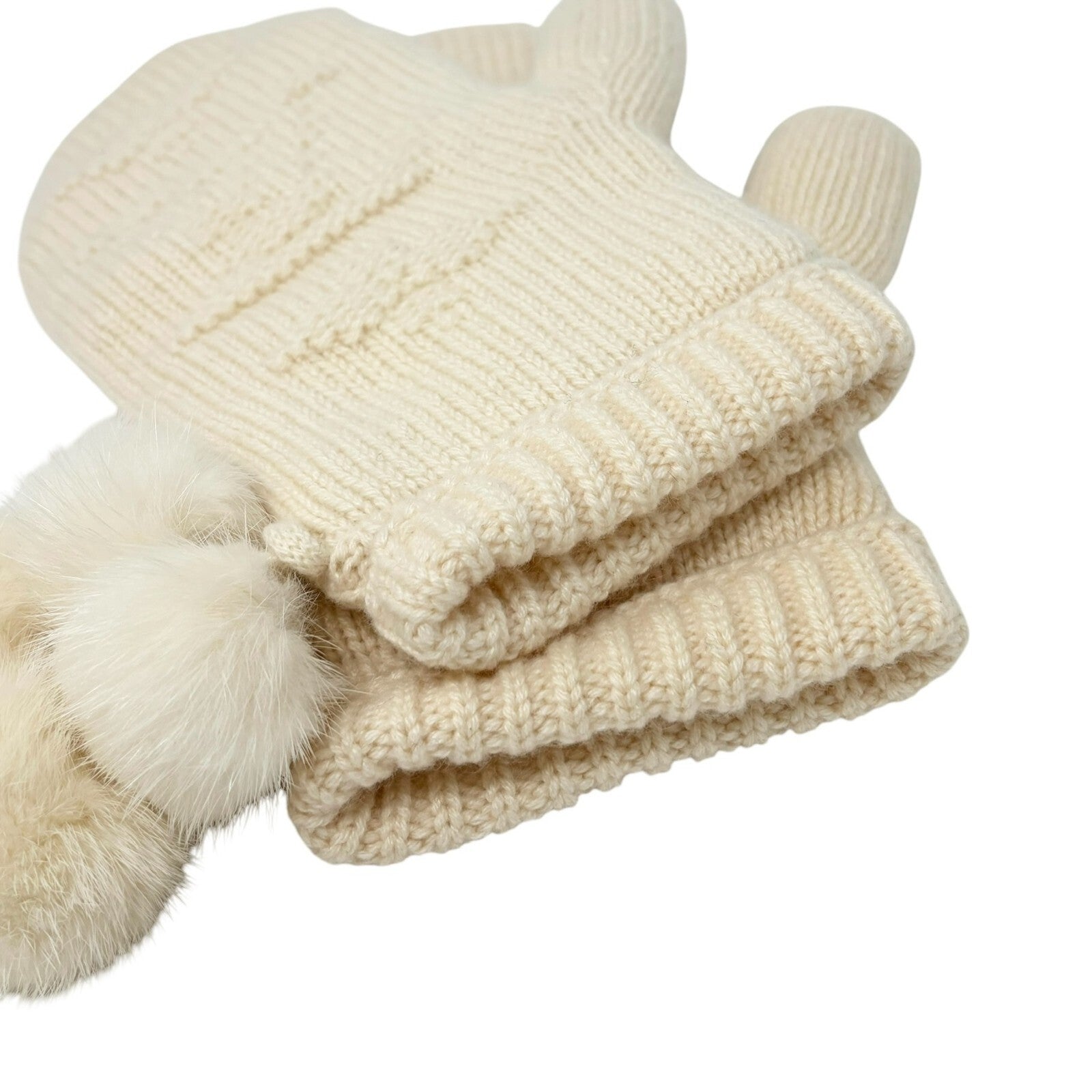 LOUIS VUITTON Vintage LV Logo Knit Gloves Mink Pompons Cream Cashmere