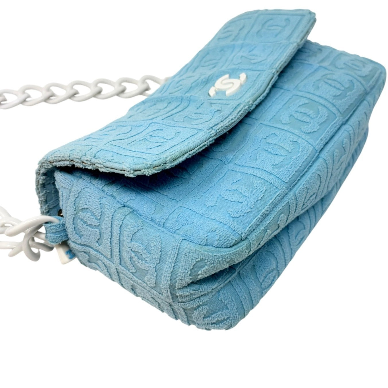 CHANEL Vintage CC Logo Terry Cloth Chain Shoulder Bag Blue White 901828