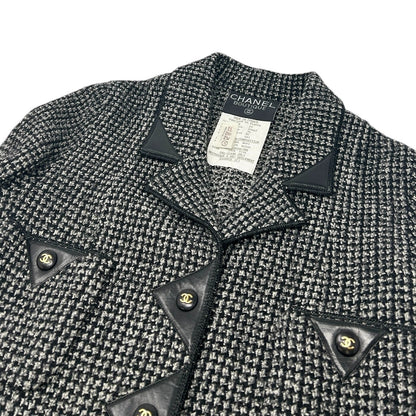 CHANEL Vintage CC Mark Logo Jacket #38 Black Wool Leather Snap Button Rank AB