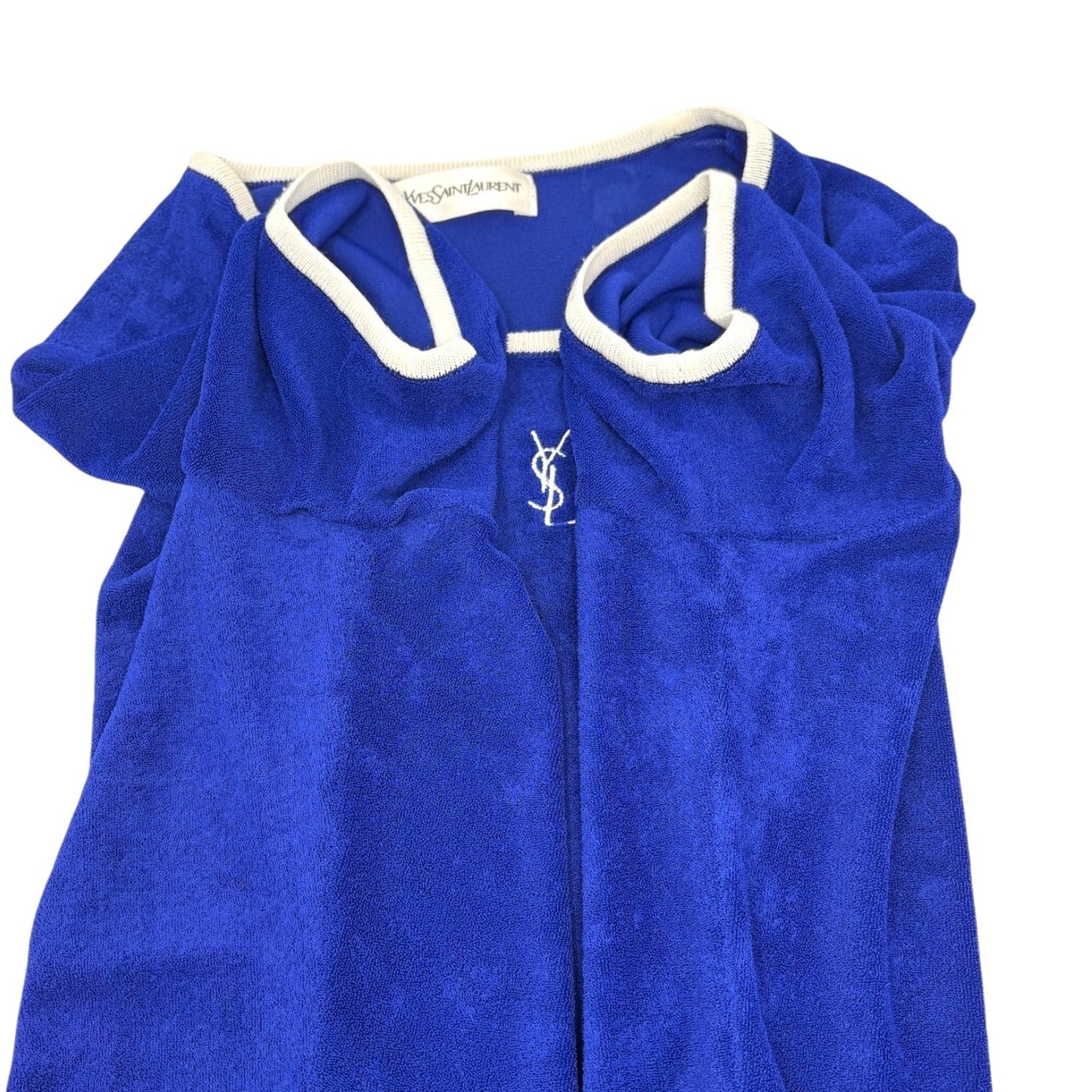 Yves Saint Laurent Vintage YSL Logo Terry Cloth T-shirt Top #M Blue White Rayon