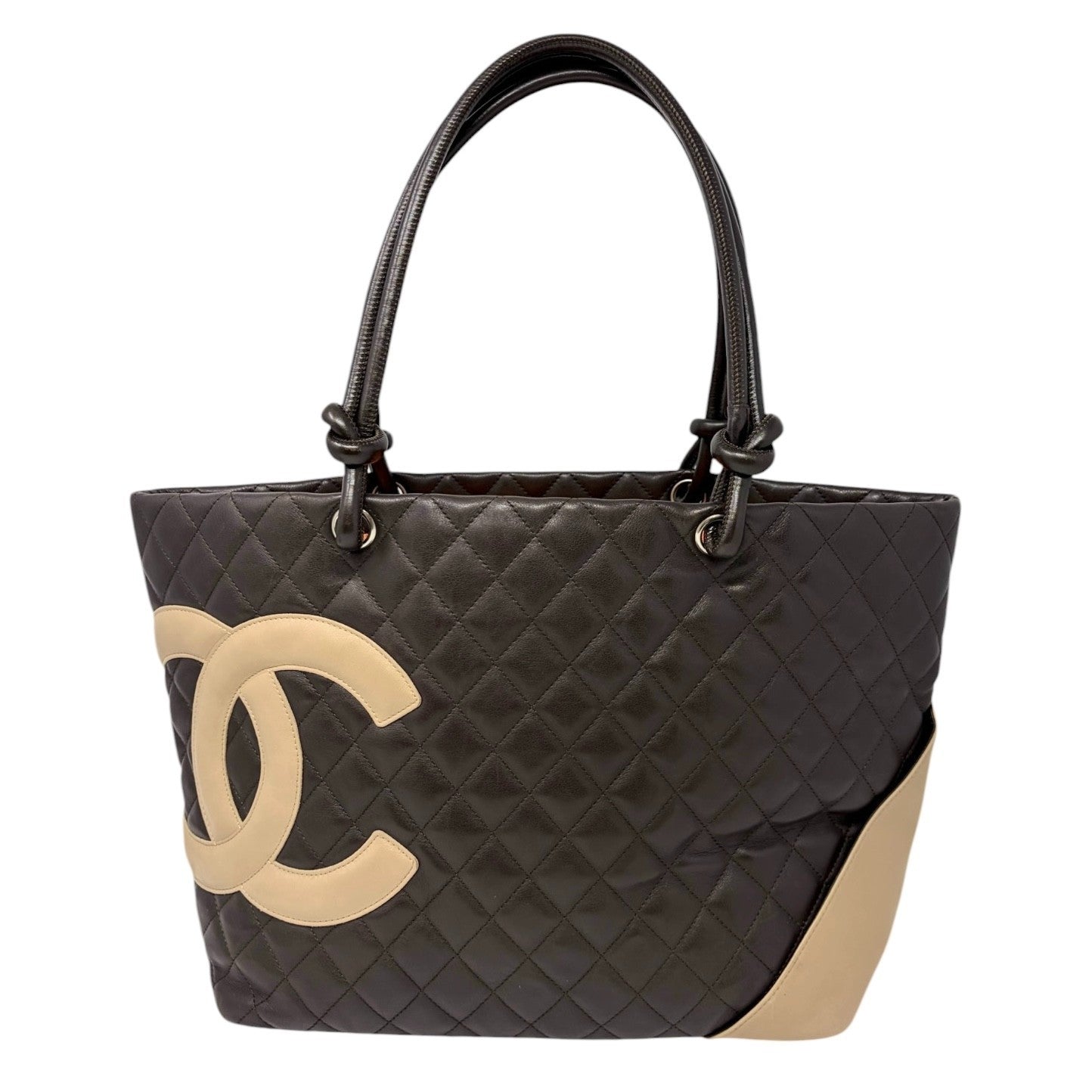 CHANEL Vintage Cambon Line CC Logo Quilted Tote Bag Brown Beige Leather