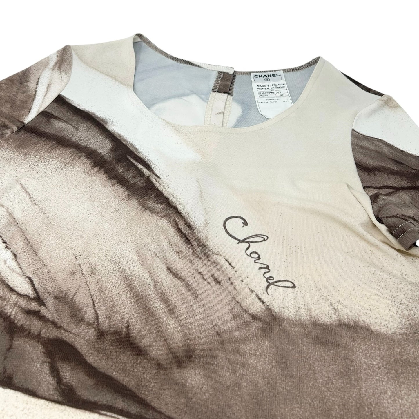 CHANEL Vintage 99P Logo Cropped T-shirt Top #36 Viscose Button Brown Cream