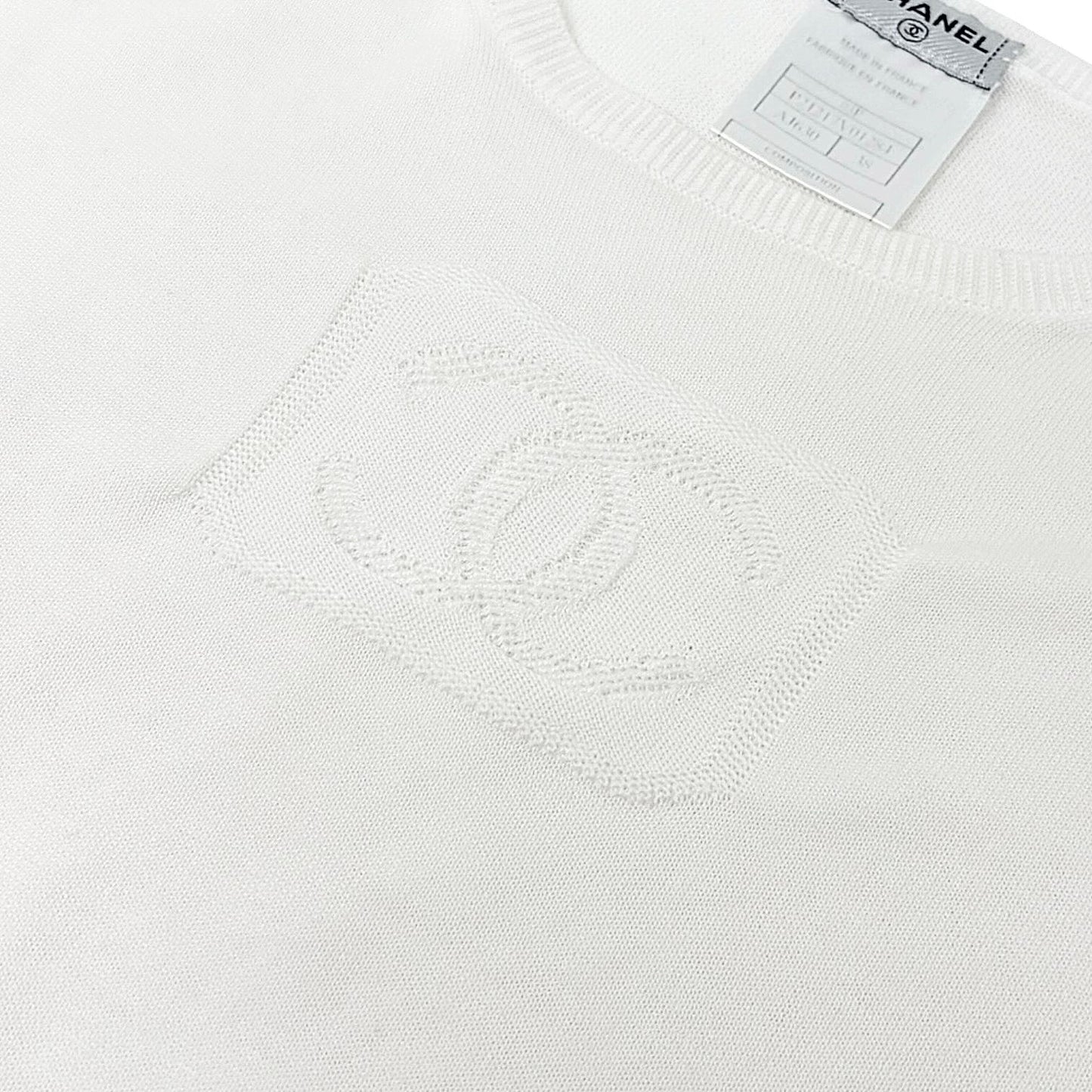 CHANEL Vintage 03P CC Logo Mesh Knit T-shirt Top #38 White Cotton 902422