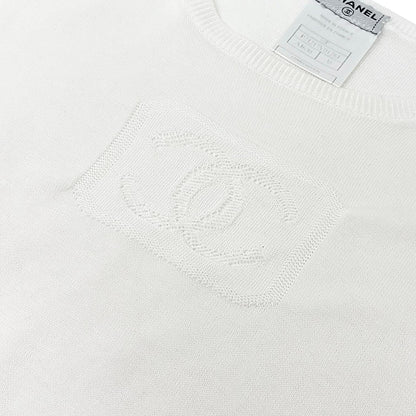 CHANEL Vintage 03P CC Logo Mesh Knit T-shirt Top #38 White Cotton 902422